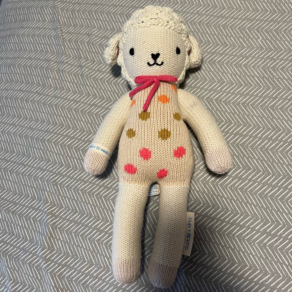 Charming Knit Sheep Plush with Pink and Gold Accents